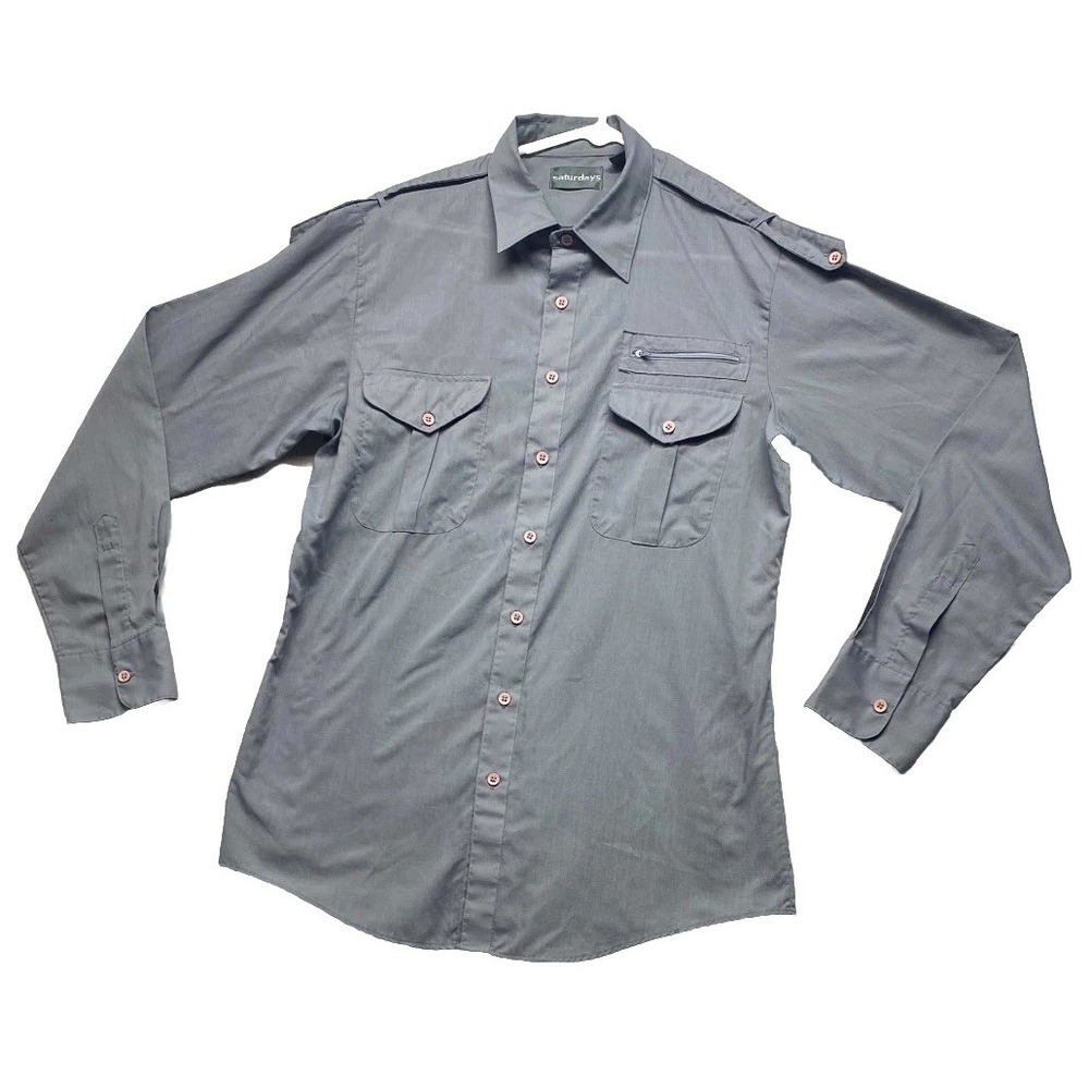 Saturdays Military Shirts Mens Large Gray Cotton Streetwear Back Box Button Up